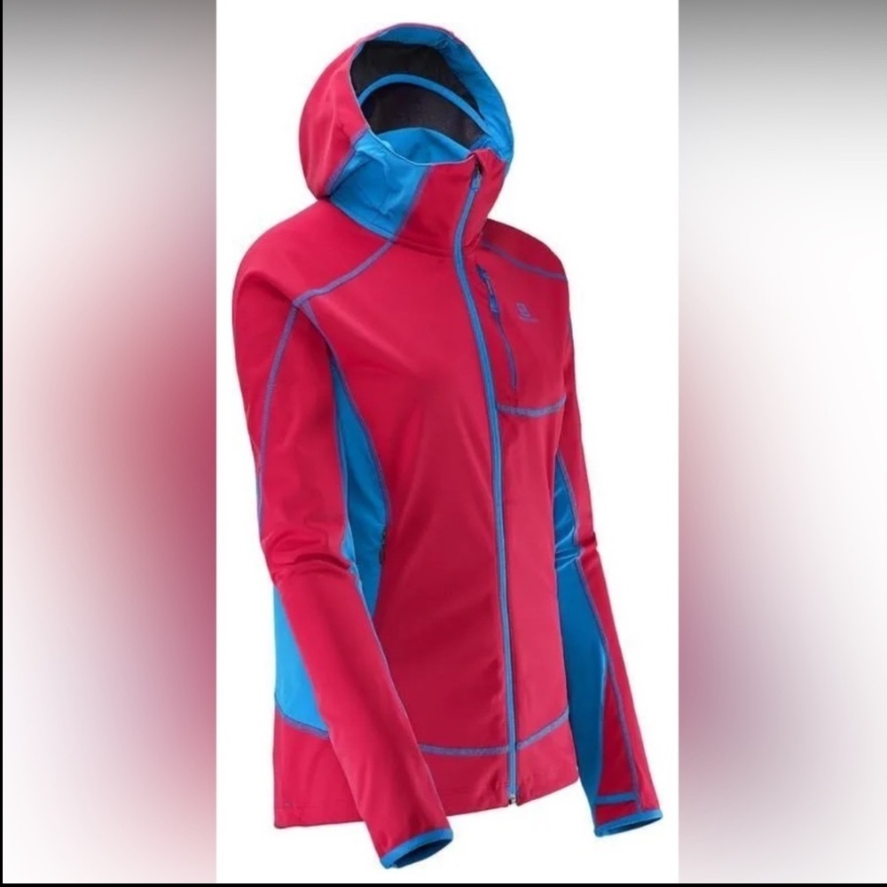 Salomon Windstopper Jacket Women Small Mont Baron Hoodie Red Blue Softshell - Picture 11 of 11